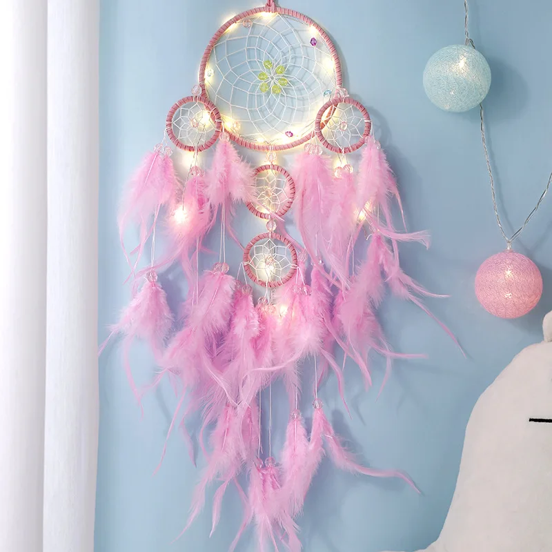 Fairy Dreamcatcher Four-Circle Girl Pink Feathers Dormitory Shooting Decorations Apartment Hotel Wall Balcony Decoration Pendant | Дом и сад