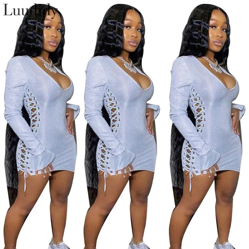 

Sexy Shiny Bandage Hollow Out Flare Sleeve Bodycon Dress Vestido