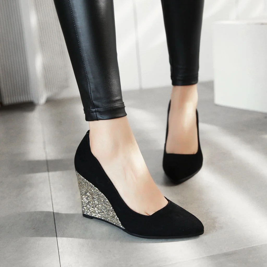 

Large Women's Shoes 2021 Spring New Work Suede Pointed High Heels Versatile Frosted Sequin Wedge Heel