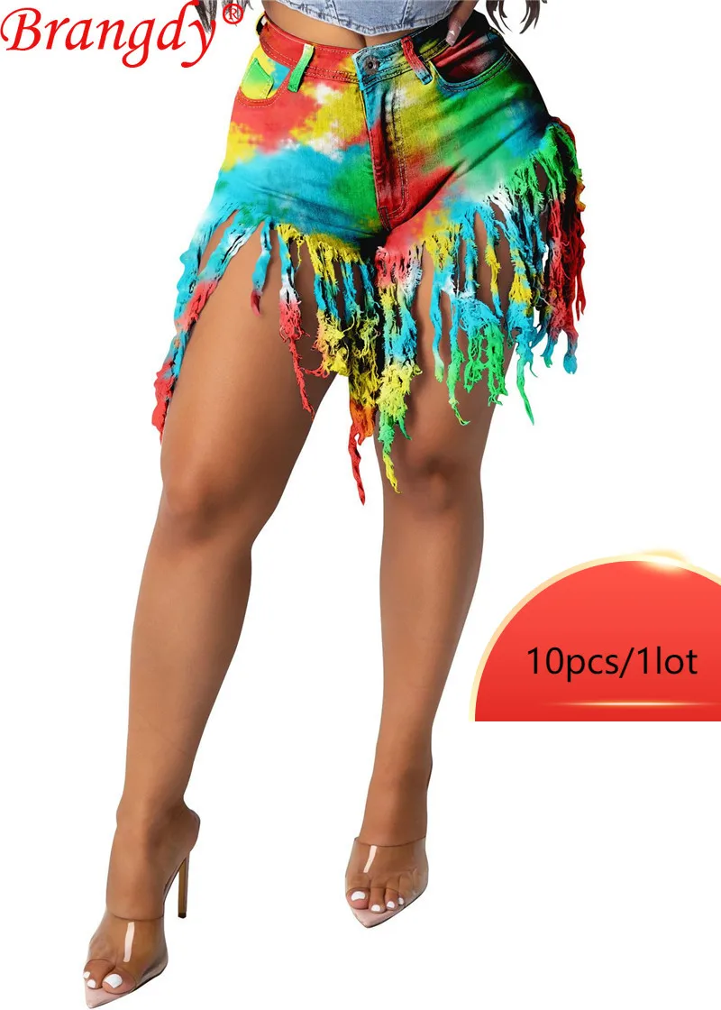 

Wholesale Items Bulk Lots Denim Shorts Sexy Tie-dye Tassel Wash Jeans Corn-strap Jeans One Piece Short Pants Women B6094