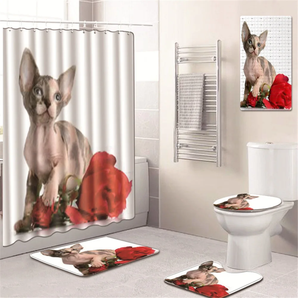 

Animal Figure Shower Curtain Bathroom Mat Set Toilet Cover Mat Kitchen Pad Five-Piece Carpet bathroom rugs and mat set