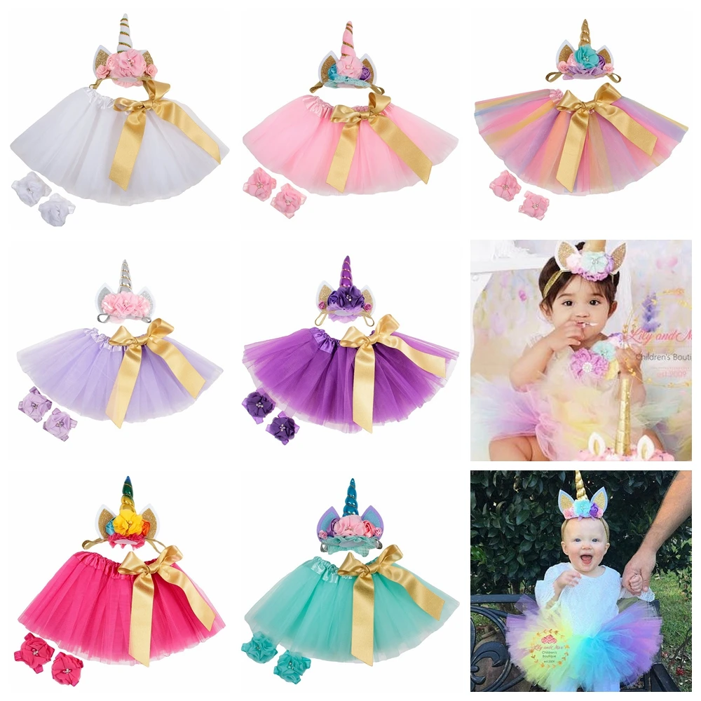 Fashion Baby Tulle Tutu Skirt with Glitter Unicorn Horn Headband Set Children Girls Unicorn Birthday Party Supplies Props