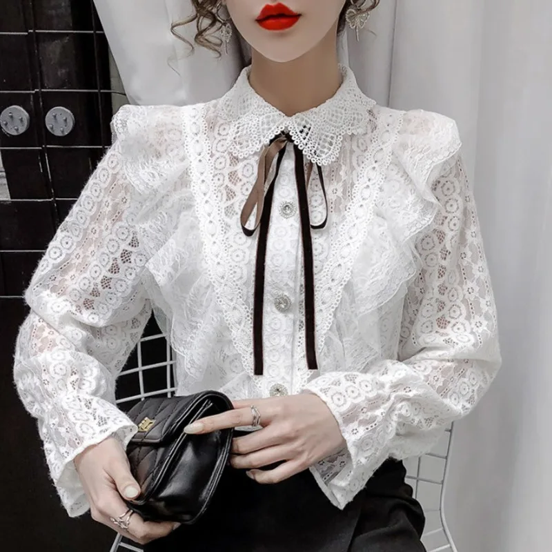 #2015 весенние кружевные женские рубашки с бантом и воротником лацканами