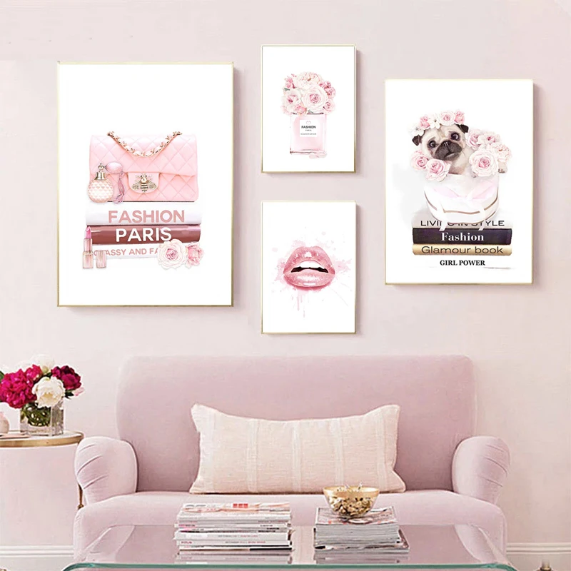 Модная Косметика печать постер розовый цветок девушка ресницы губы парфюм книга