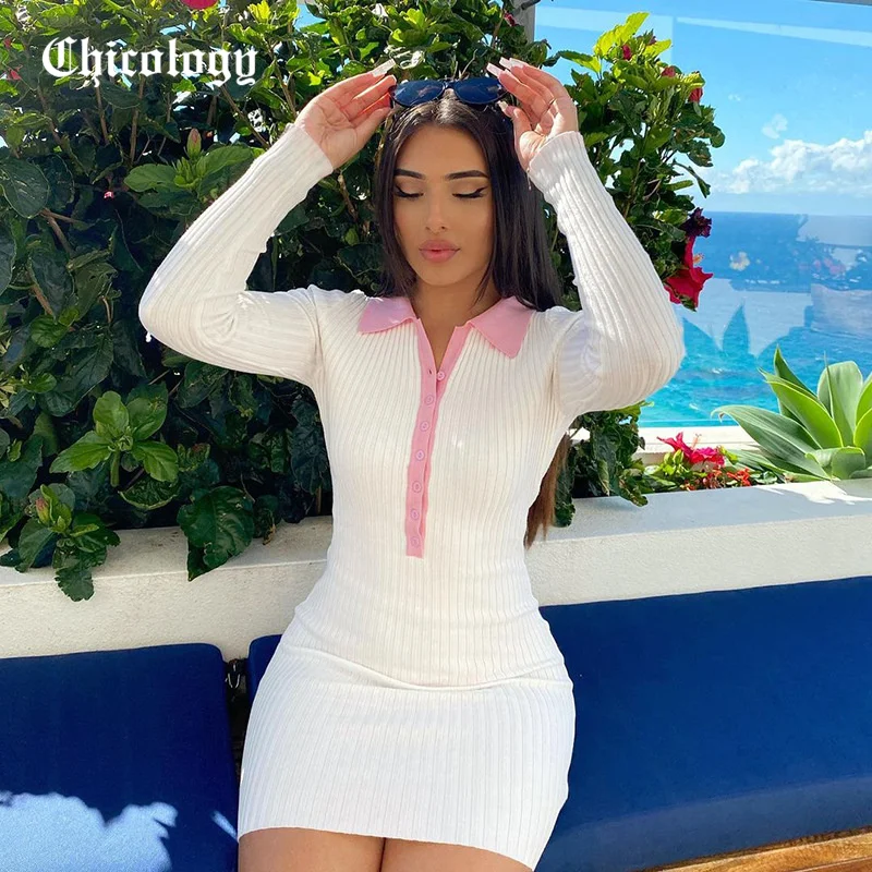 

Chicology 2021 женское осенне-зимнее трикотажное платье-поло с пуговицами, глубоким v-образным вырезом и длинным рукавом