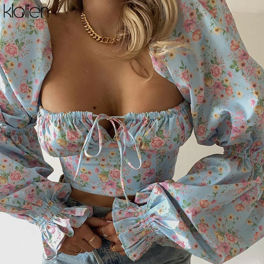 KLALIEN Spring Summer Fashion Elegant French Romantic Floral Puff Sleeve Square Collar Women Blouses New White Chiffon Shirt