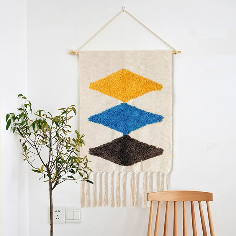 

Nordic Art hanging cloth New Hand-knitted tassel tapestry Wall Hanging Handmade bohemian style Retro Home Decor cotton