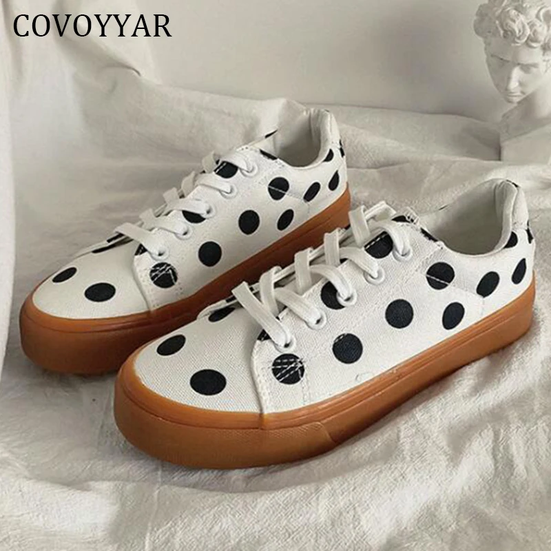 

COVOYYAR Shoes Women Cute Dot Canvas Flats Shoes Lace-up Casual Shoes Comfortable Ins Fashion Sneakers Lady White Shoes WSN368