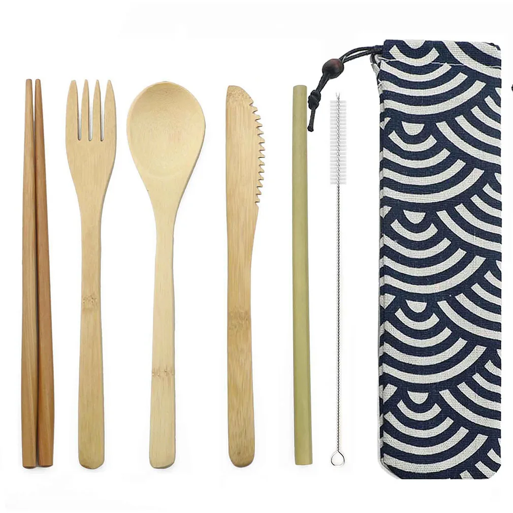 Portable Travel Tableware Set Bamboo Cutlery Set  Wooden Out