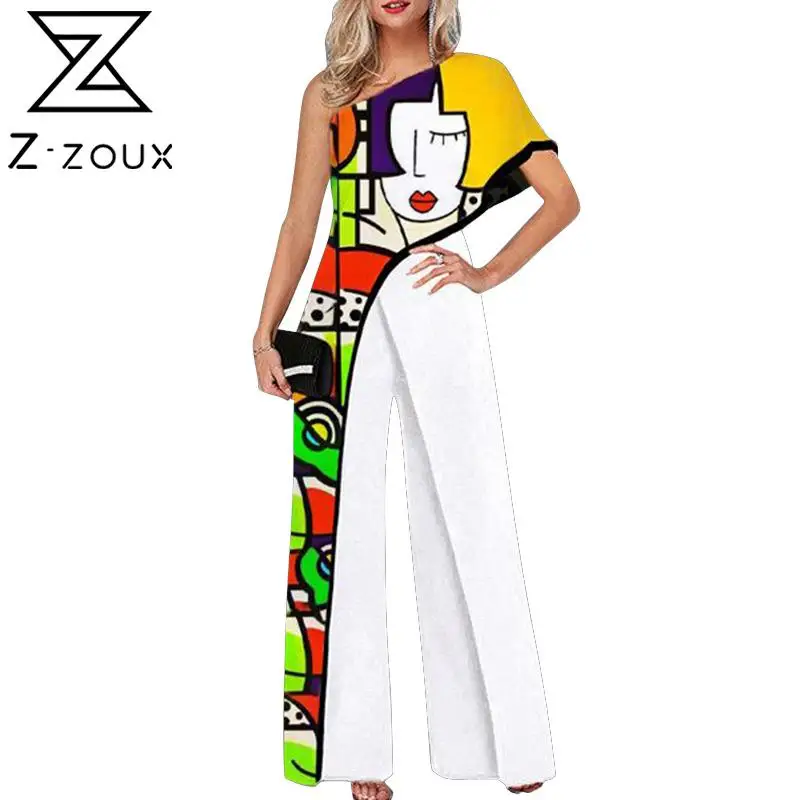 

Z-ZOUX Women Jumpsuit Graffiti Printing Slant Shoulder Rompers Womens Jumpsuit Fashion High Waist Wide Leg Summer Jumpsuits 2021