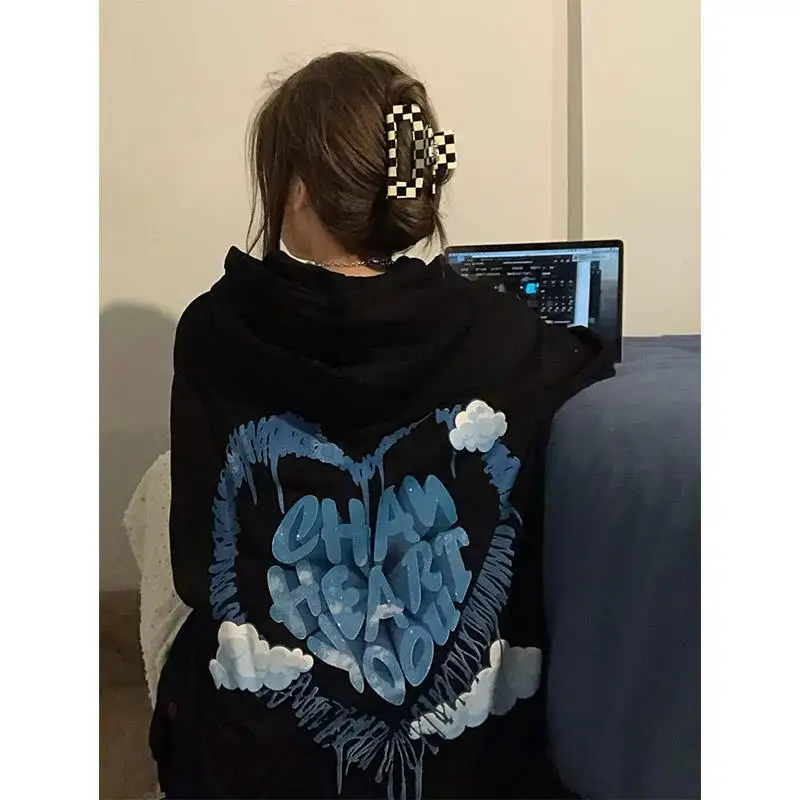 

Loose Ins Loose New Black Heart Printed Autumn Casual Hoodies BF Special Funny Girls Lady Sweatshirt Kpop Man Male Tops