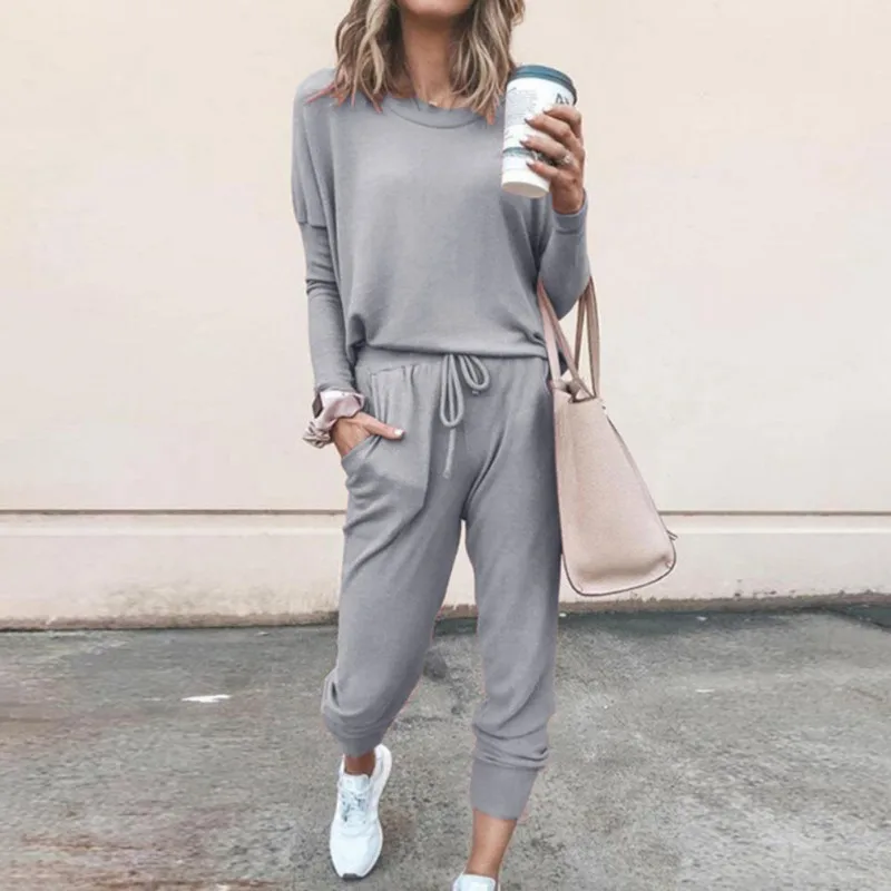 

Autumn Spring Fashion Women Solid Color Loose Casual Suit Long-sleeved Comfortable Tops and Pants Suit