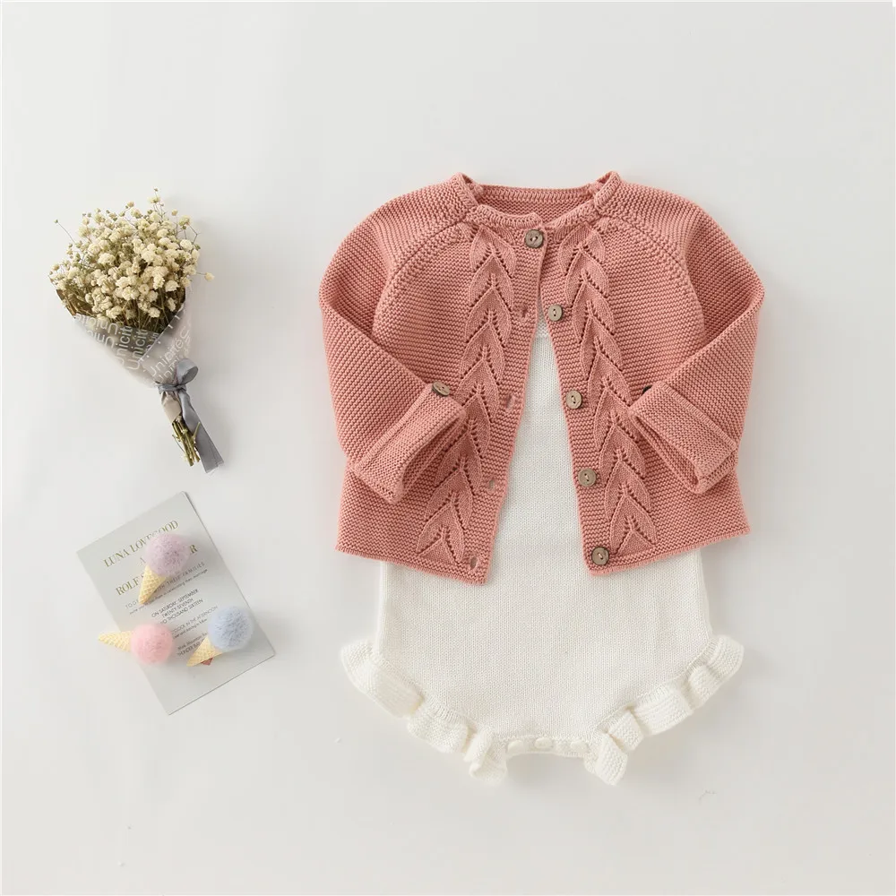 pink set 1 Г., Осенний вязаный свитер с 3D рисунком листьев Bebes, кардиган, Детский свитер для мальчиков и девочек детская одежда для новорожденных, комплект трикотажной одежды для детей - Цвет: pink set 1