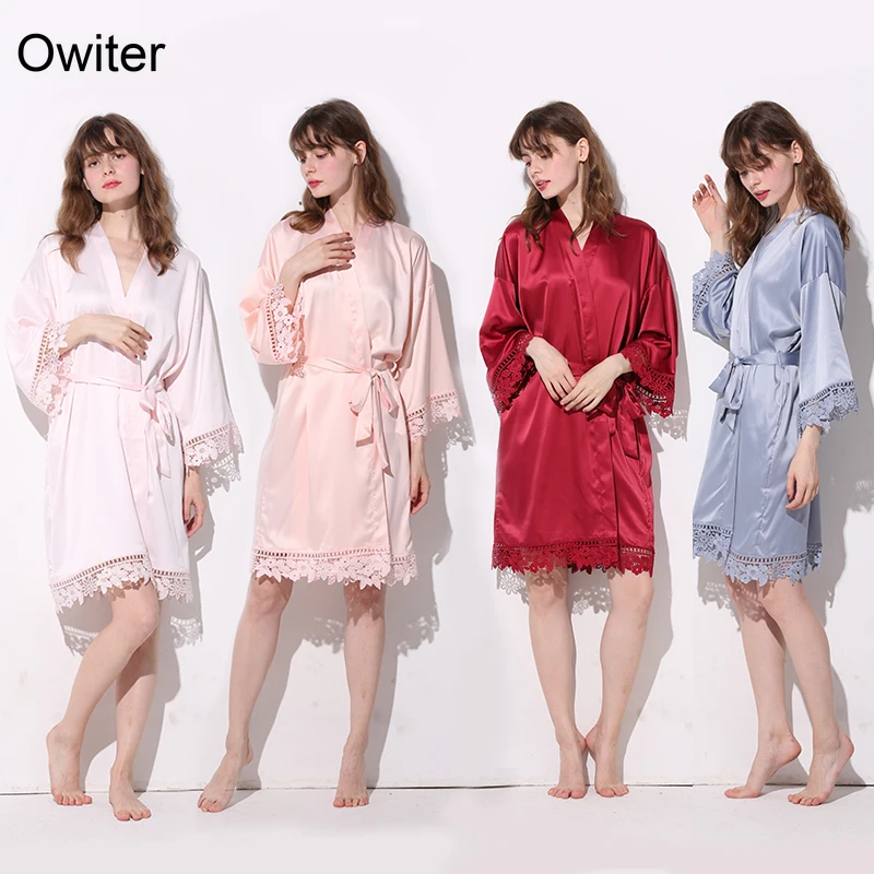 

Owiter 2019 Matt Satin Lace Robe Bride Bridesmaid Robes Women Sleepwear Bridal Wedding Robe Party Bathrobe Dressing White Robes