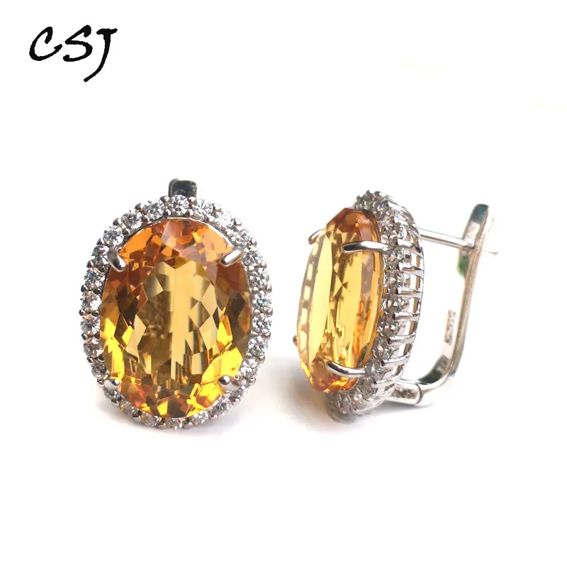 citrine quartz CSJ цитрин кварц драгоценный камень благородные серьги Стерлинговое Серебро 925 oval12* 16 мм 17Ct футбольная огранка хорошее ювелирное изделие для женщин леди подарок - Цвет камня: citrine quartz