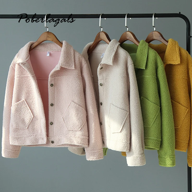 Зима Осень Мода Тренд двойной карман дизайн ягненка с длинным рукавом Короткие