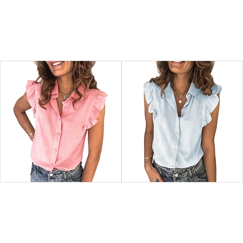 

2Pcs Summer Ruffled Shirt Female Button Female Shirt Elegant Sleeveless Fashion Shirt,Pink & Light Blue XXL Size