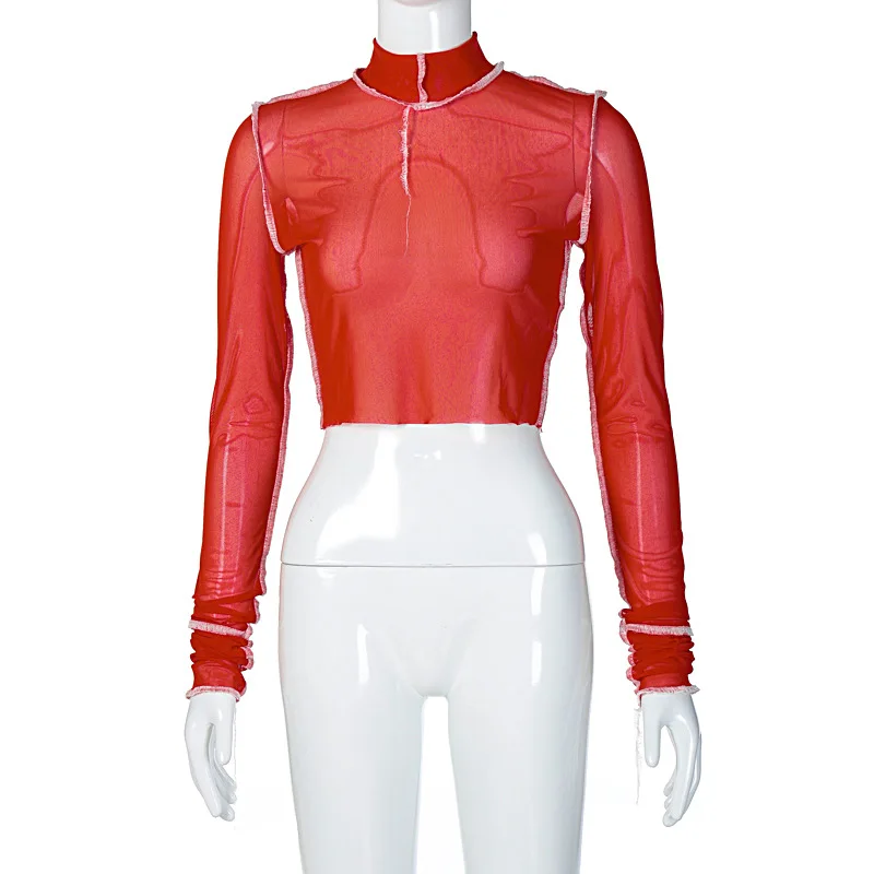 

Sexy Sheer Mesh Crop Top See Through Long Sleeve Streetwear Party Night Clubwear Outfit Clothes For Women