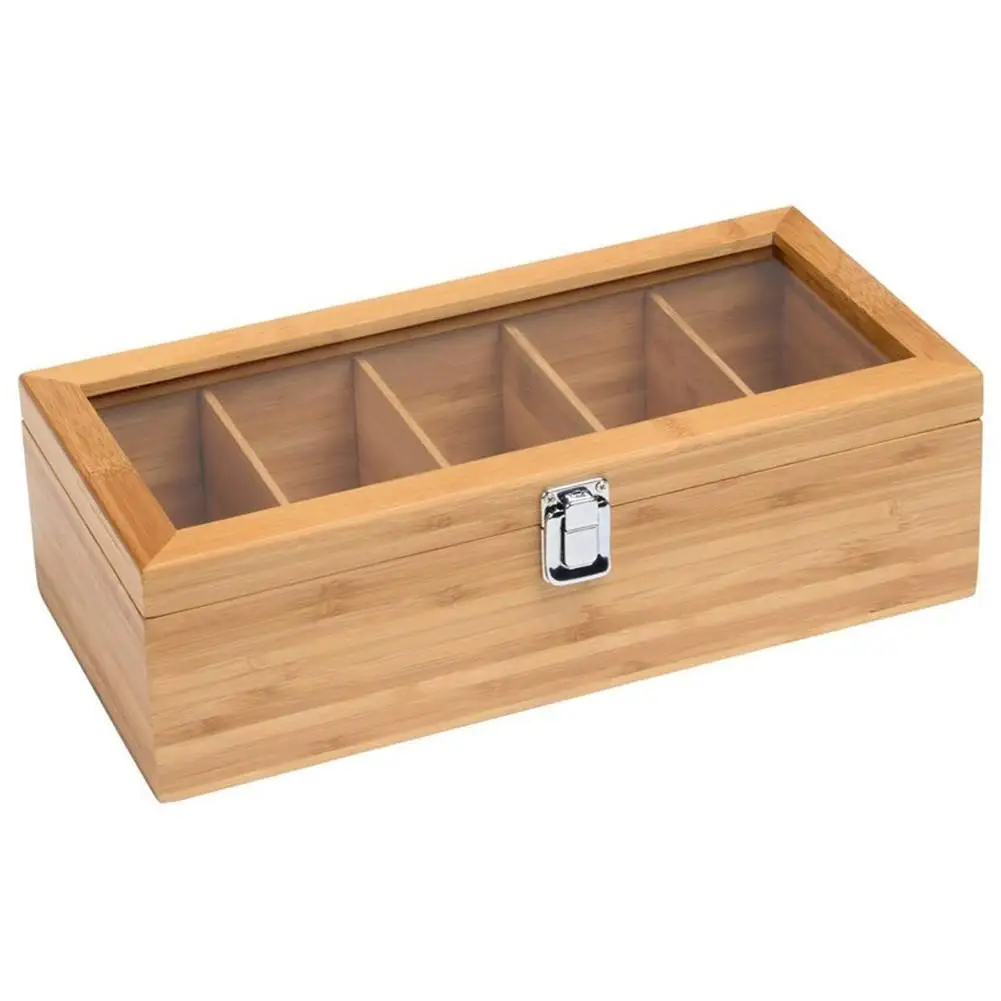 

Multifunctional Retro Style Bamboo Tea Box Organizer Jewelry Storage Wooden Box 5 Compartments Sugar Pack Tea Bag Case