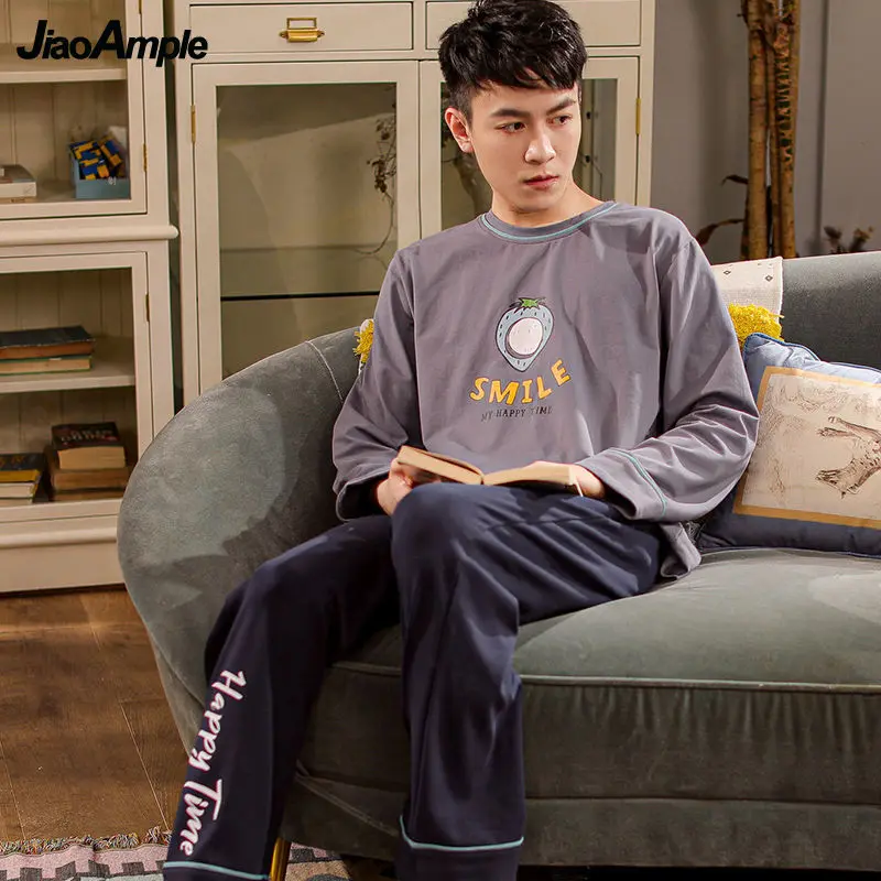 Pajamas Men's Cotton O-Neck Long-sleeved Trousers Pijamas Two-piece 2022 New Autumn Winter Cute Cartoon Homewear Sleepwear Set