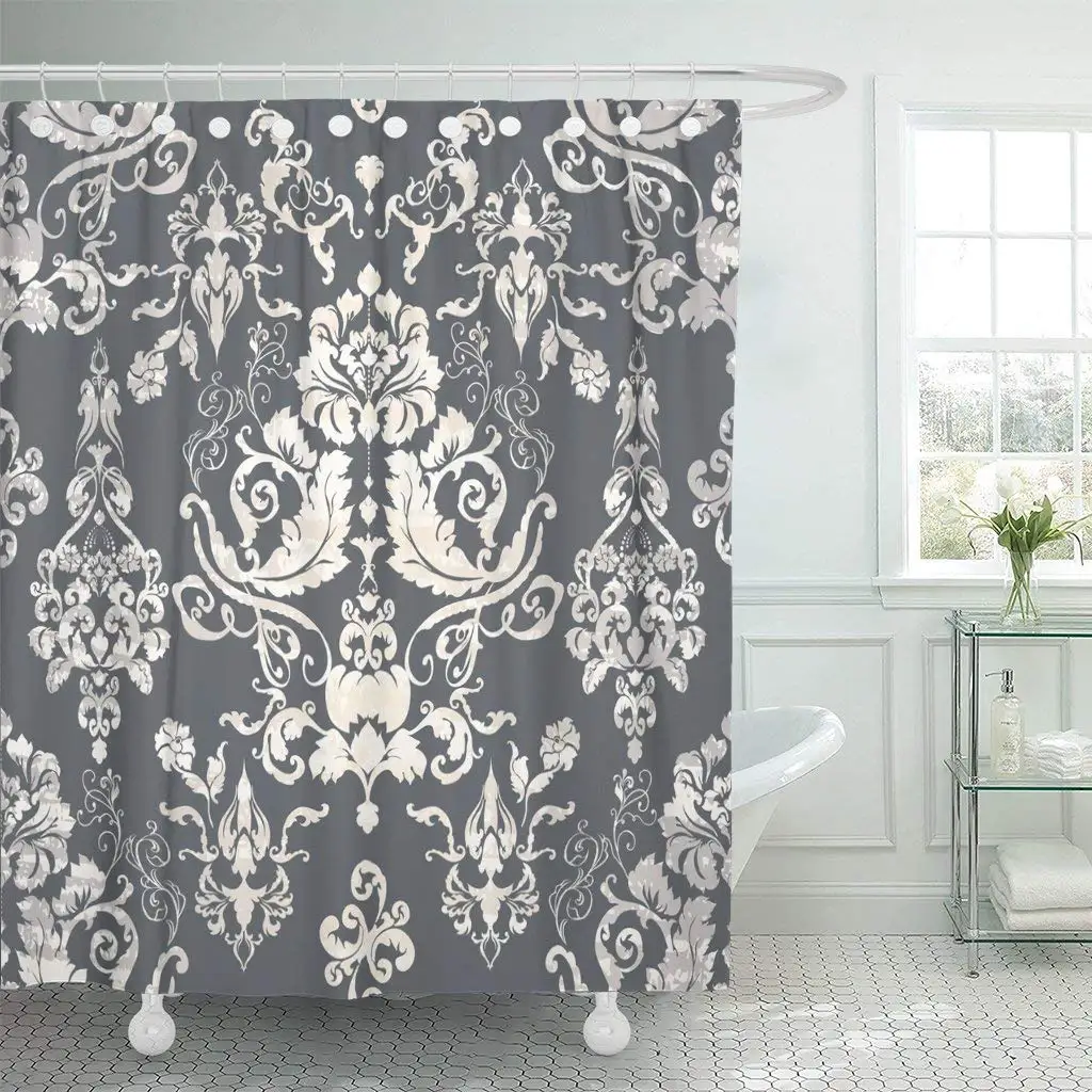 

Silver Antique Damask Floral Pattern Baroque Beauty Bright Curtains Shower Curtain Waterproof Polyester Fabric 60 x 72 Inches