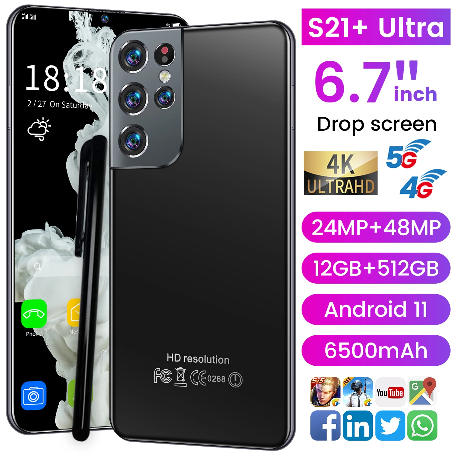 

S21+ Ultra 6.7 inch SmartPhone With Pen Android 11 6500mAh 12+512GB Full Screen Support Face ID Dual SIM 4G 5G Camera cellphone