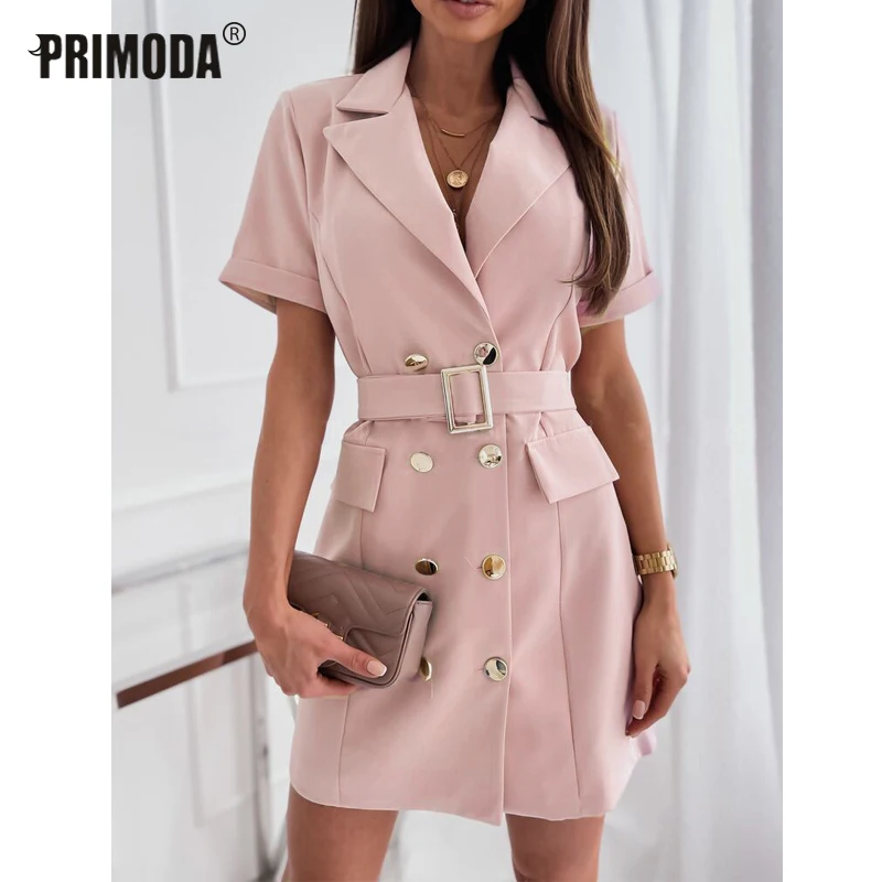 

Notched Blazer Dresses Women Short Sleeve Office Ladies Mini Clubwear 2021 Summer Party Sashes Outwear Double Breasted PR2779G