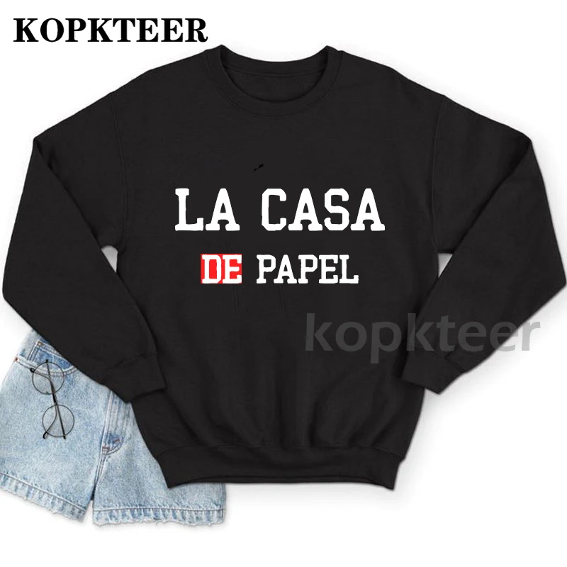 

Женский свободный пуловер с винтажным принтом, черный спортивный свитшот с круглым вырезом и надписью «La Casa De Papel»