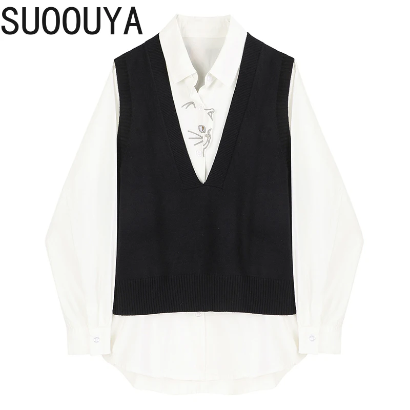

[SUOOUYA] Women V-neck Knitting Embroidery Big Size Blouse New Lapel Long Sleeve Loose Fit Shirt Fashion Tide Spring Autumn 2021
