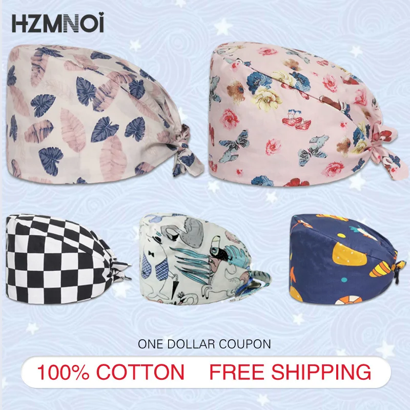 

Printed Adjustable Laboratory Pet Grooming Work Cap Unisex Scrub Hat Beauty Salon Cotton Worker Dust