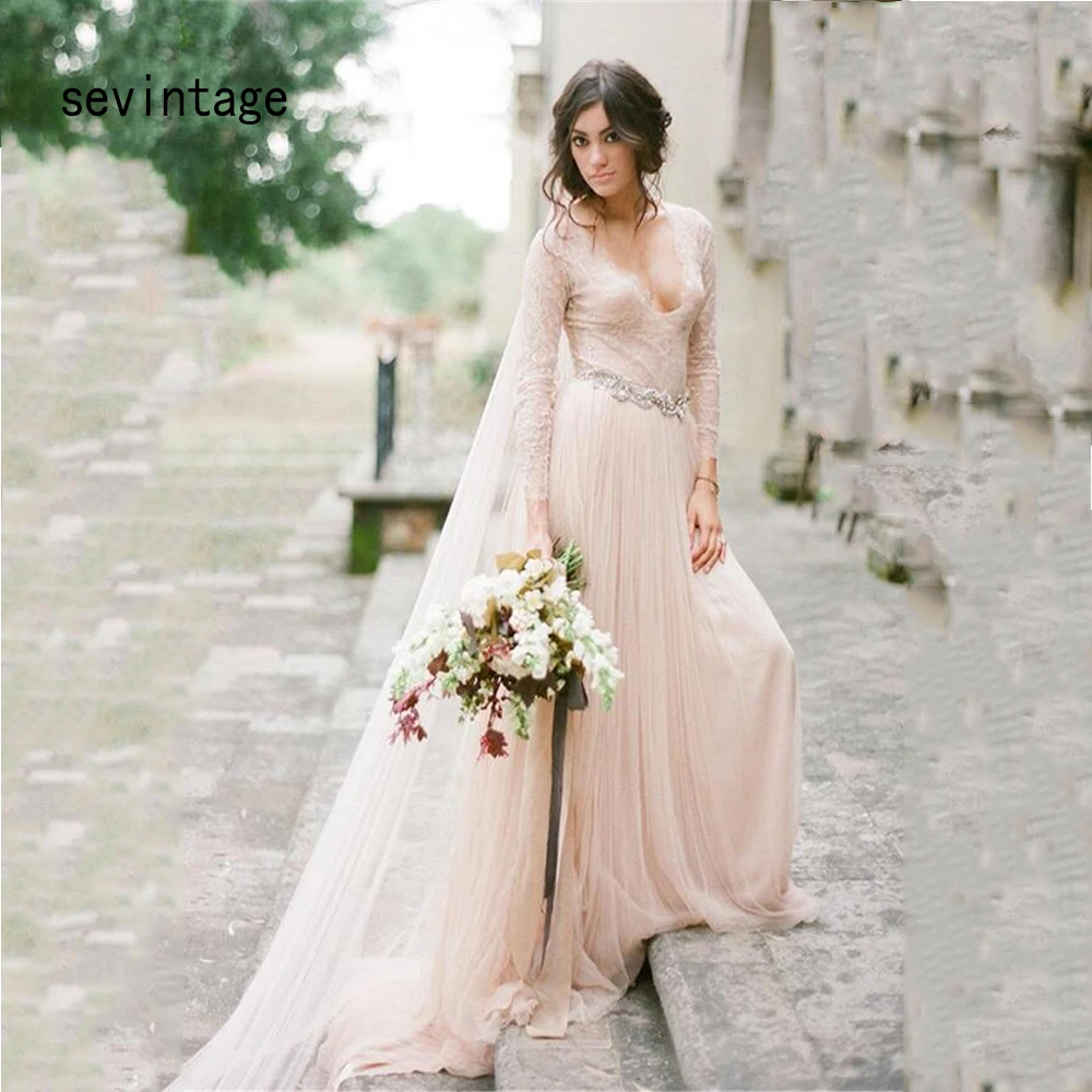 

Sevintage с длинным рукавом Тюль Свадебные платья Кружева Бохо свадебное платье Глубокий V-образным вырезом вышитые бисером платья невесты с ву...