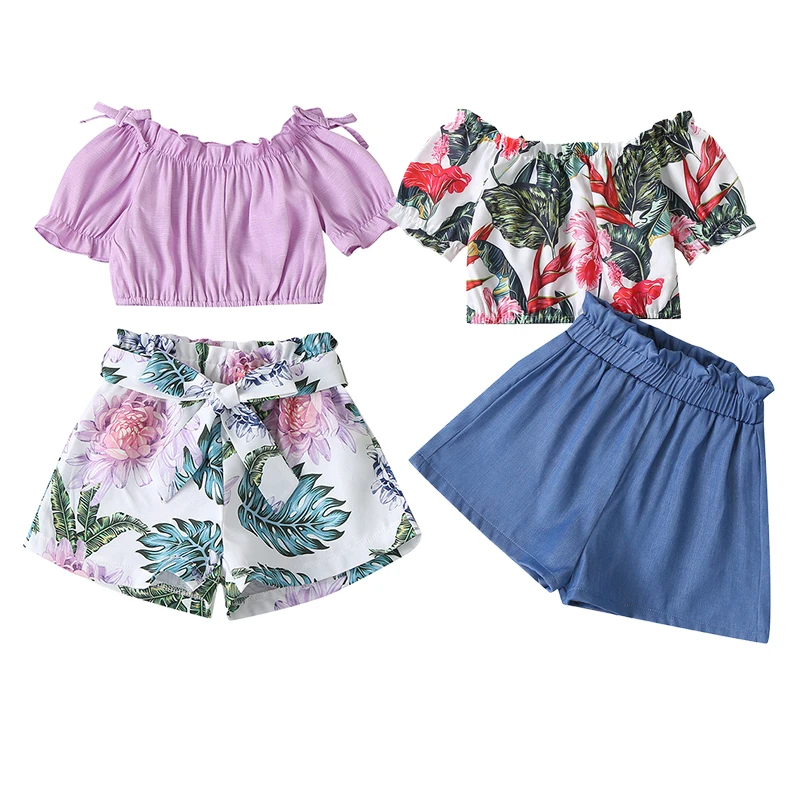 

Summer Girls' Clothing Sets Korean Short-sleeved Top T+High Waist Denim Short Pants 2PCS Baby Kids Clothes Suit Children Clothin