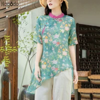 nagodo chinese shirt 2020 new origional stand collar print asymmetric chinese blouse loose long chinese style top china store