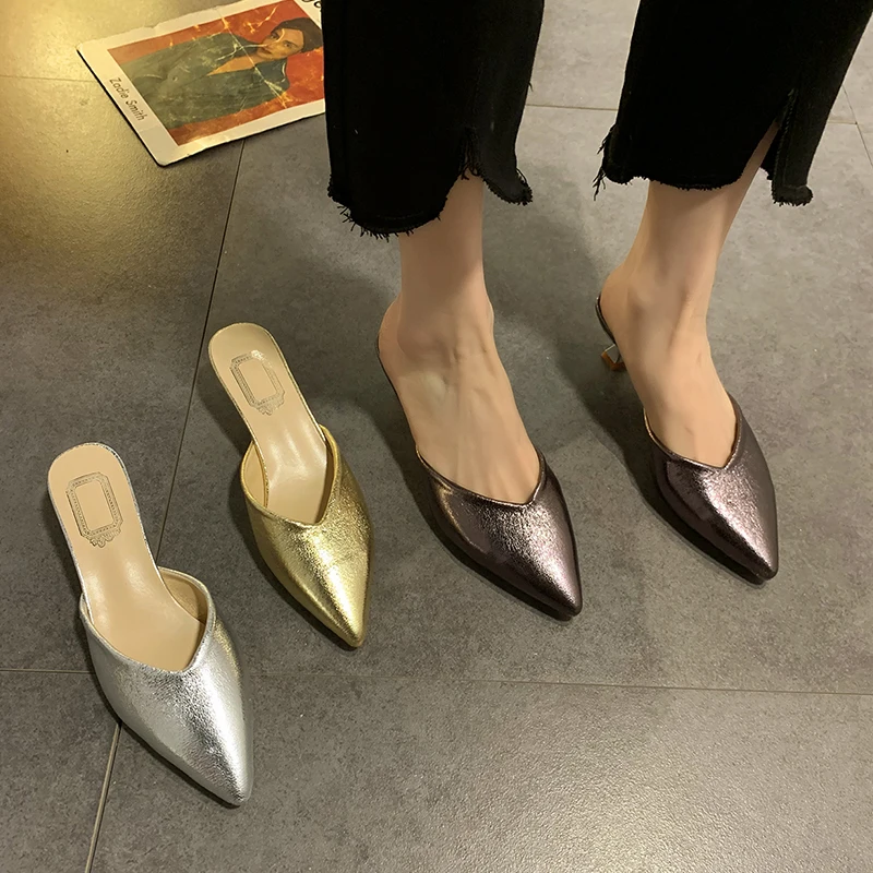 

Женские уличные тапочки, летние новые туфли с острым носком, полутапочки на шпильке, туфли Muller, с закрытым носком, цвет красный, 2021