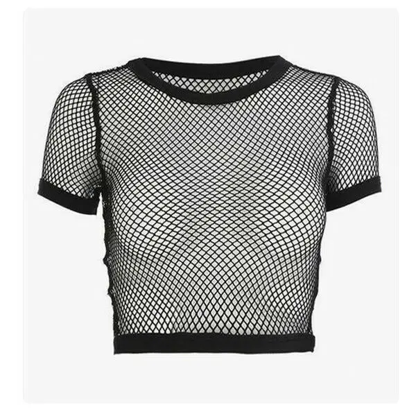 

Summer Women Short Sleeve Mesh Hollow Out Top Ladies Sexy Fishnet Crop Tops T-Shirts Exotic Tanks
