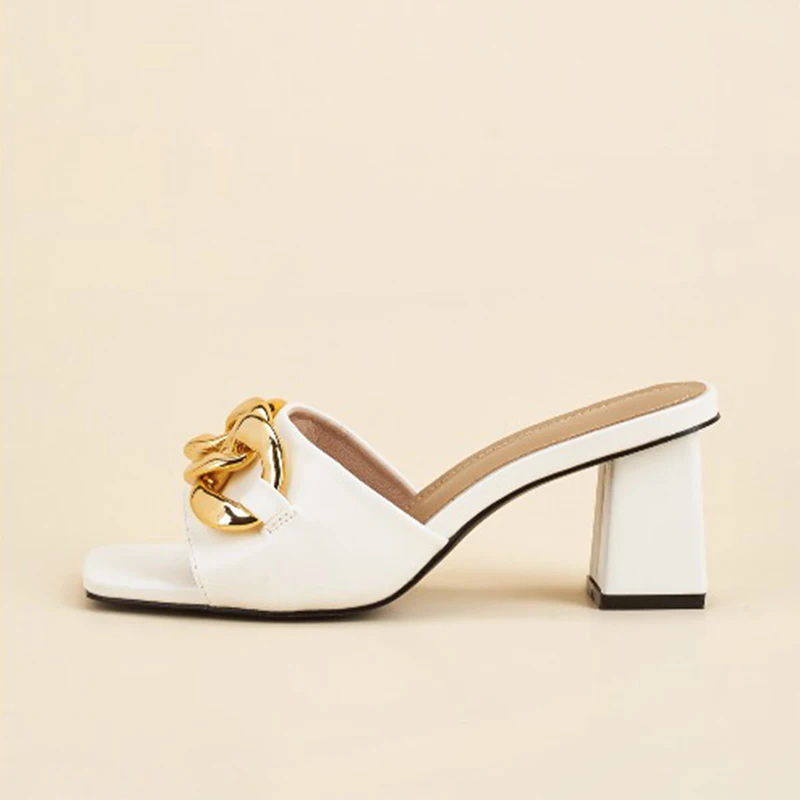 

Women Slippers Metal Chain High Heels Solid Concise Ladies Slides Fashion Square Toe Female Summer Outdoor Shallow 2021 New Shoe