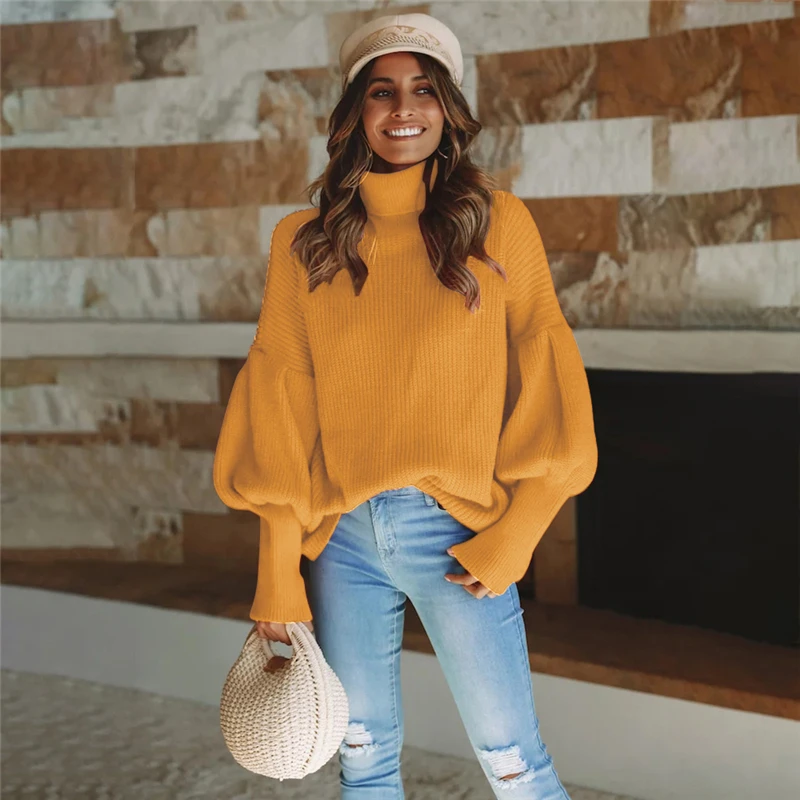 Женский вязаный свитер с воротником под горло повседневный пуловер