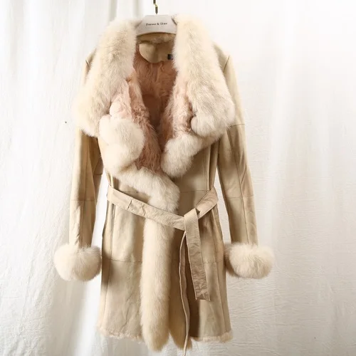 beige-wool fur Меховой воротник с лисьим мехом, природный натуральный мех, пальто, женская шерстяная куртка, осенне-зимнее пальто, женская одежда,, винтажные двойные топы, ZT4211 - Цвет: beige-wool fur