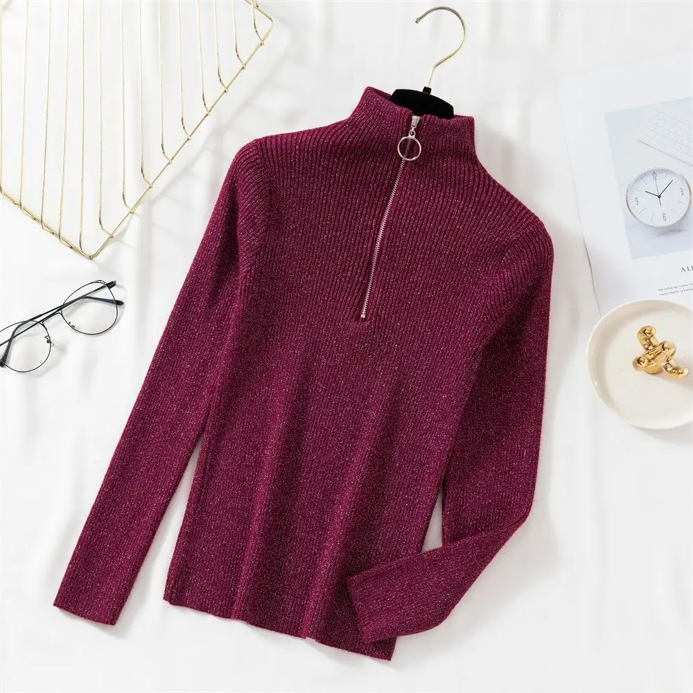 Осень-зима 2020 вязаный пуловер на молнии с воротником-хомутом Повседневный Яркий