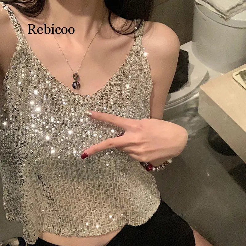 Новинка Женский пикантный Блестящий Свободный Топ без рукавов с V образным