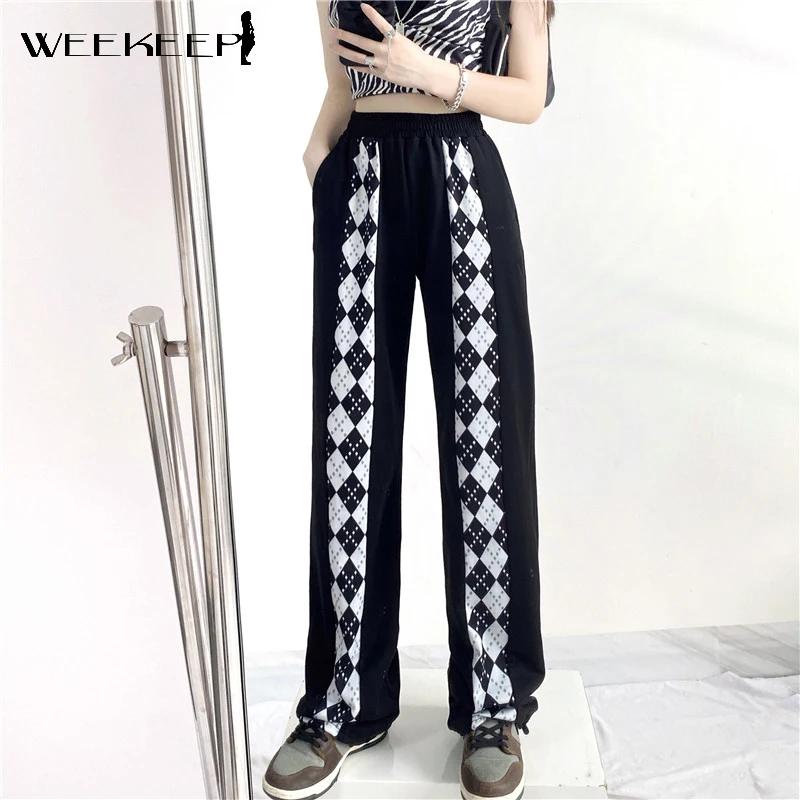 

Повседневные мешковатые брюки Weekeep с принтом в клетку; Женские эластичные длинные брюки с высокой талией в стиле пэчворк; Летняя уличная оде...