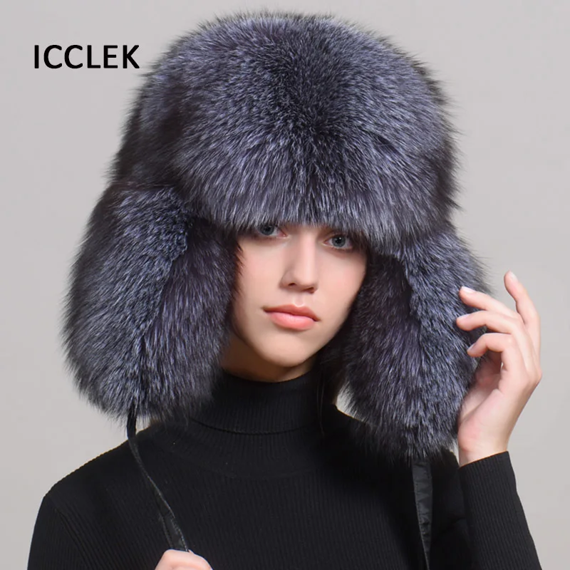 Winter Full Fox Fur Bomber Hats For Women Ear Protection Raccoon Fur Caps Thickened Warm Ski Hats Russian Cap Real Leather