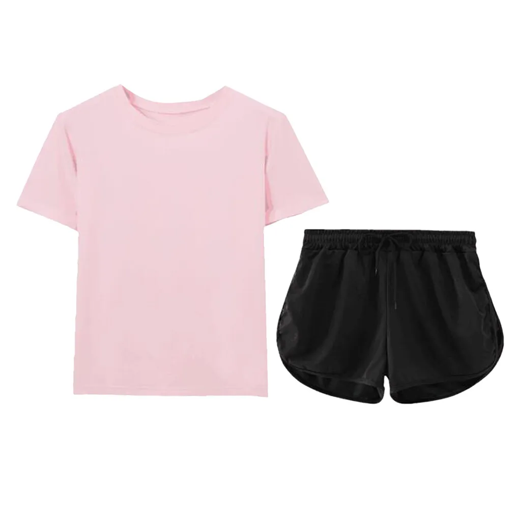 

Loose T-Shirts + Shorts Set Two Piece Fashion Women O-Neck Soild Short Sleeve Tops Casual Short Pants Tracksuit Outfit 6 Color