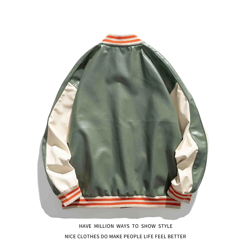 

2021 New Autumn Pu Leather Patchwork Towel Embroid Men's Baseball Letter Jacket Unisex Women's Oversize Varsity Motorcycle Chic