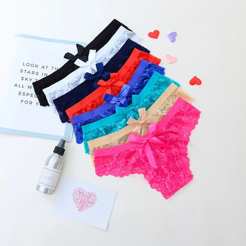 Женское сексуальное кружевное нижнее белье трусы с бантом однотонные прозрачные