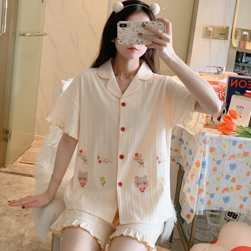 

New Summer Cotton Women Pajamas Set Sexy Lace Shirts+Shorts Sleepwear Casual Kawaii Pyjamas Soft Homewear Suit For Teen Girls