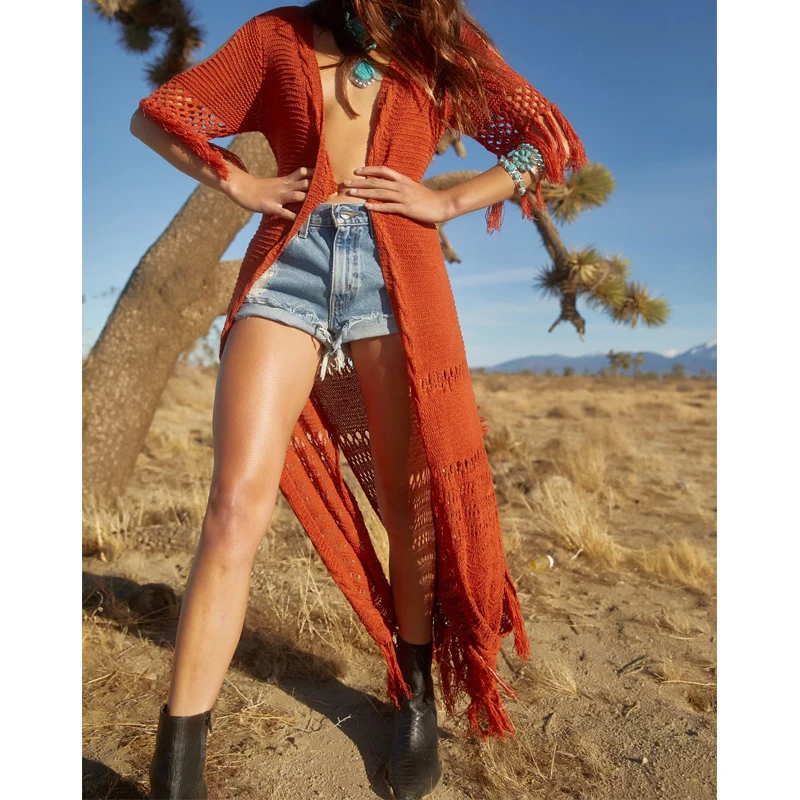 Вязаная длинная Пляжная накидка пляжный кафтан туники для пляжа купальник халат