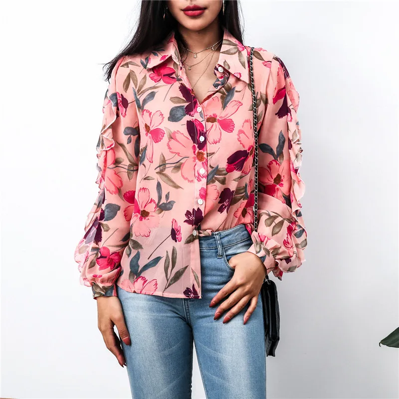 

New style ruffled floral sleeve top ladies T-shirt top fashion single-breasted printed ruffled sleeve chiffon shirt
