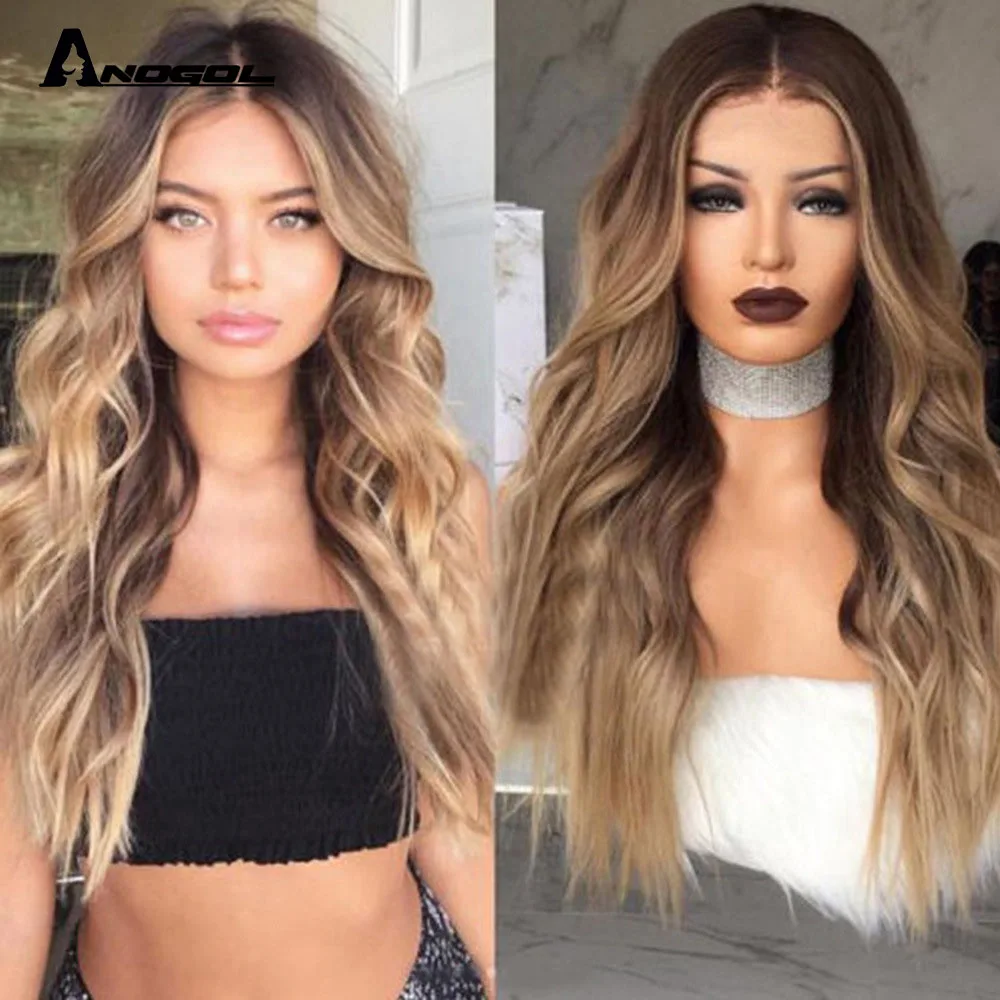 

Anogol Synthetic Long Wavy Ombre Blonde Black Grey Cosplay Wigs For Women Colorful Fiber Hair Wigs High Temperature