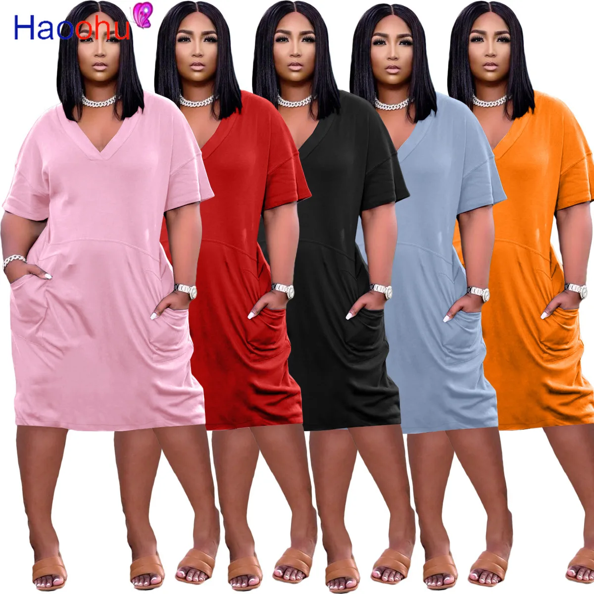 S XXXL сплошной плюс Размеры Повседневная футболка платья для женщин с коротким